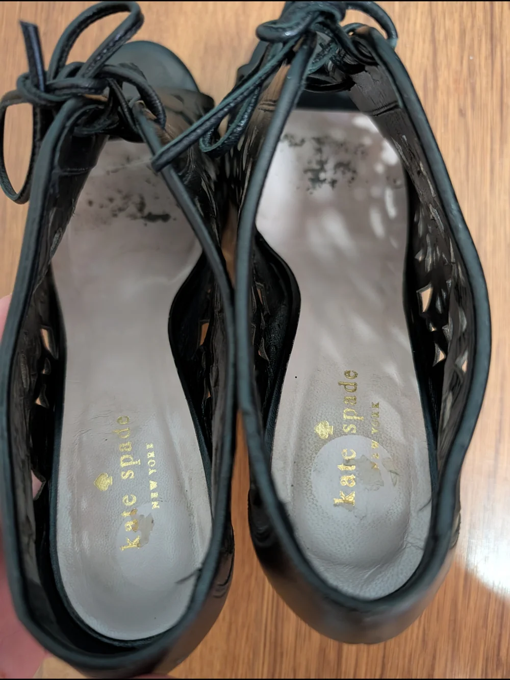 kate spade Black Laser-Cut Lace-Up Peep-Toe Stiletto Heels